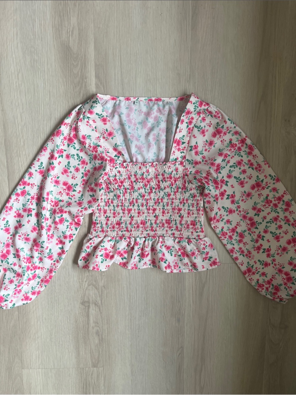 SHEIN Floral Smocked Peasant Romantic Ruffle Fairy Top - Pink Floral